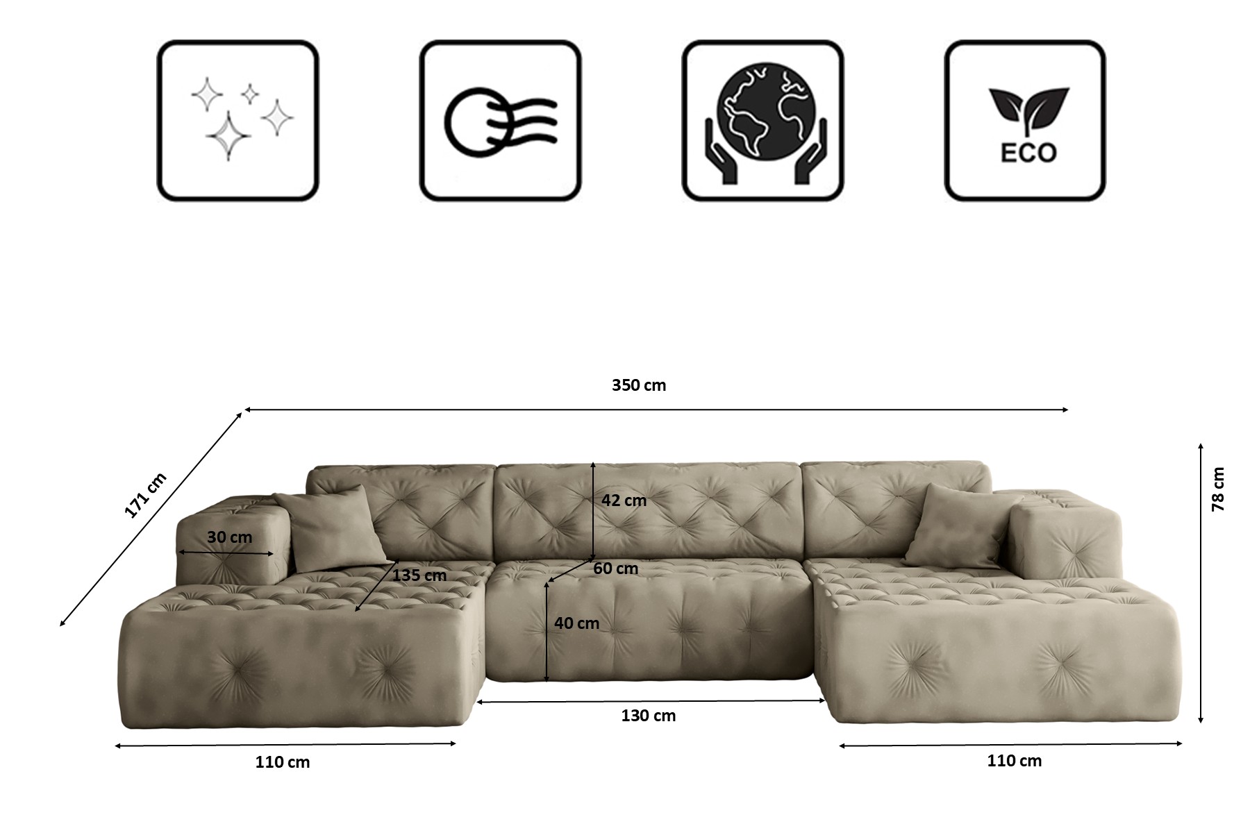 Wolnostojąca sofa narożna LUX, mocno pikowana w kształcie litery U, miękka, elegancka tkanina Whisper - obrazek 7