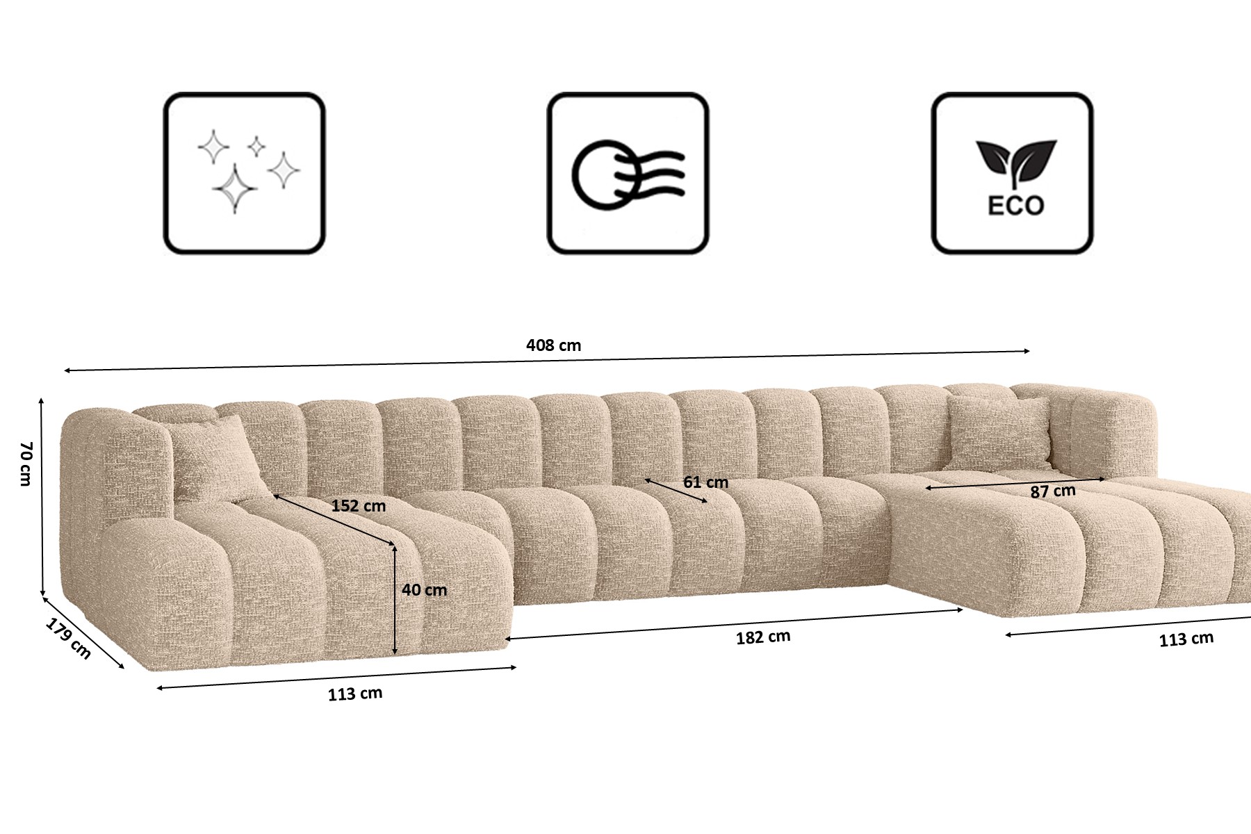 Sofa narożna w kształcie litery U, Sofa Grand U XL modułowa z tkaniny Haga - obrazek 8