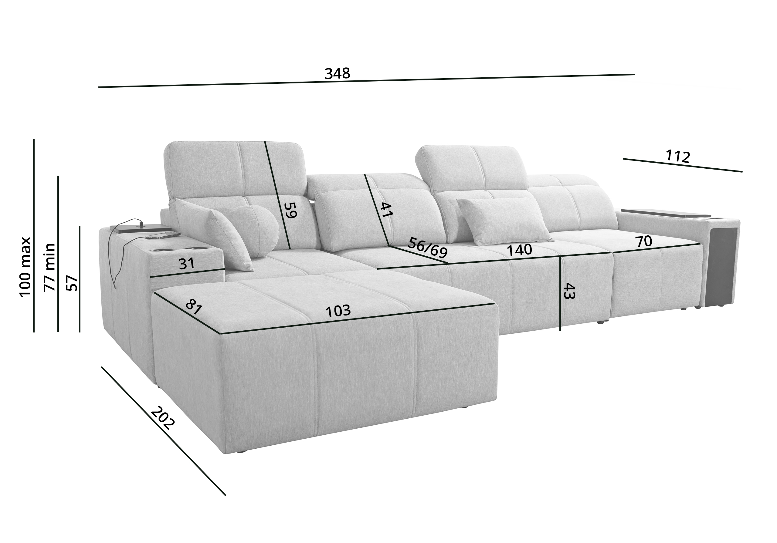 Narożnik z funkcją spania, USB i regulowanym oparciem Mindy XII, tkanina Verita - obrazek 9