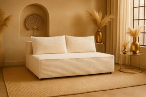 Nowoczesna sofa rozkładana DUO w tkaninie sztruks z pojemnikiem i funkcją spania